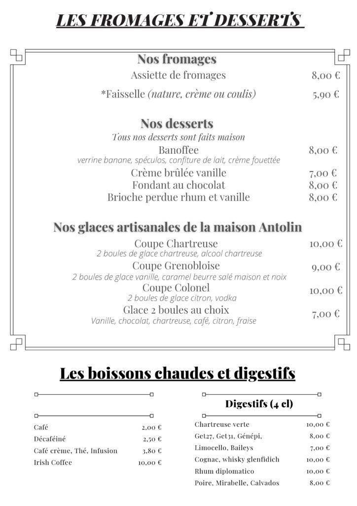 Carte des fromages et desserts du restaurant La Côtelette Grenoble